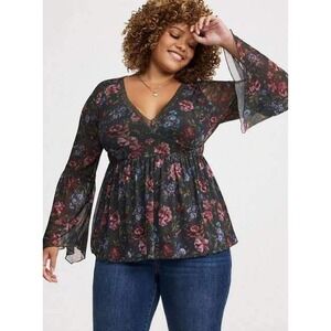 Torrid Blouse Top Womens 2X Green Floral Mesh Bell Sleeve V-Neck Peplum Babydoll
